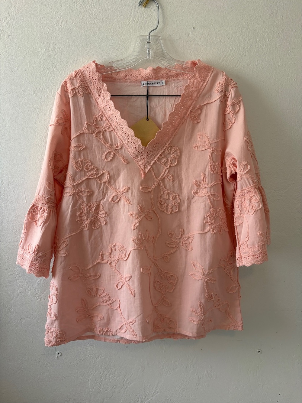 Embroidery Trim Peach V-Neck Tunic